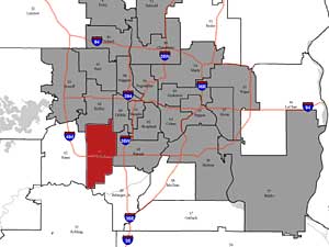 The state Senate's 41st district, in red, covers Edina and surrounding suburban areas. The gray indicates seats held by DFLers, and the white indicates those held by Republicans.