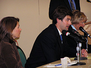 Independence Party candidate John Binkowski is flanked at a St. Cloud debate by Michele Bachmann, left, and Patty Wetterling, right.