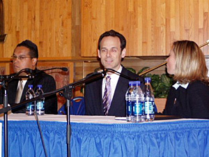 Keith Ellison, Alan Fine, and Tammy Lee, shown just before their debate in the 5th District race began.
