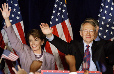 
                    House Democratic Leader Nancy Pelosi (D-CA) and Senate Democratic Leader Harry Reid (D-NV) celebrate at the Hyatt Regency hotel on Capitol Hill November 7, 2006 in Washington, DC. The Democratic leaders were celebrating gains in both the House and Senate in the midterm elections, which many believe was a referendum on the Iraq War.
                                            (Chip Somodevilla / Getty Images)
                                        