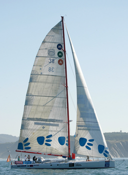 
                    Tim Troy in his beat, Margaret Anna, taking part in the VELUX 5 Oceans in-port race, of off Bilbao, Spain ahead of the start on 22nd October.
                                            (onEdition)
                                        