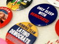 A souvenir stand with political buttons for sale