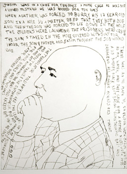 
                    "Jasim Was in a Cage" (2006) print by Daniel Heyman. The man depicted in this print is Jasim Fadel Hamid, a former detainee who was killed a week after taking part in the interviews in Amman, Jordan.
                                            (Daniel Heyman)
                                        