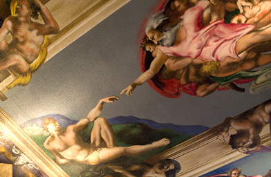 
                    This well-known scene is actually spraypaint on the ceiling of a restaurant and gallery in Waterloo, Iowa.  Paco Rosic painted a replica of the Sistine Chapel here, where his parents opened a restaurant and bar called Galleria de Paco and The Catacomb.
                                            (Sarah Mercier)
                                        