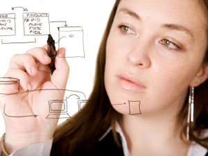 A young woman plans out a database 