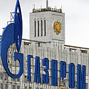 The Gazprom logo in front of a government ... 