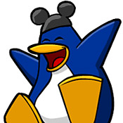 A Club Penguin character wears Mickey Mouse ears. 