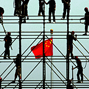 Workers building stage for the one-year ... 