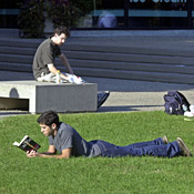 College students read on the quad. 