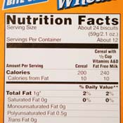 A nutrition label on a cereal box. 