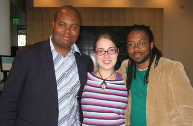 
                    Winners of Public Radio Talent Quest from left to right: Glynn Washington, Rebecca Watson, and Al Letson.
                                            (Angela Kim)
                                        