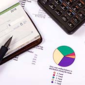 Checkbook, pie chart, calculator 