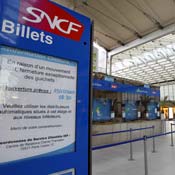 A board announces ticket stands in Paris' northern railway station are closed.