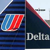 Tail fins of United, Delta planes 