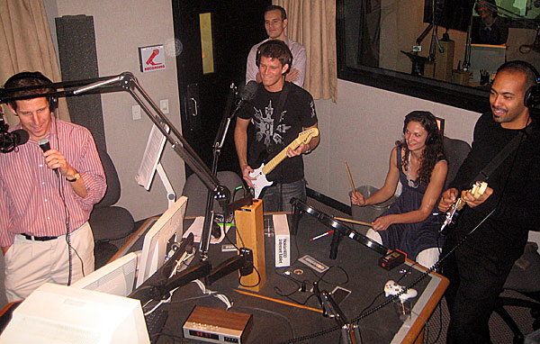 
                The Marketplace rock band, from left, Kai Ryssdal on  vocals, Kevin Perreira on guitar, Jennifer Collins on drums, and Stephen Hoffman on guitar.
                                    (Richard Core)
                                