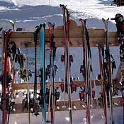 Skiis lined up neatly on a fence 