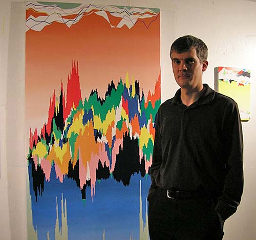 
                Tom Moran with one of his stock-chart-inspired artworks.
                                    (Amy Scott)
                                