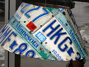 This lampshade is made from license plates. (MPR Photo/Martin Moylan)