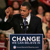 Barack Obama speaks to supporters at Iowa caucus 