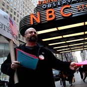 Writer Steven Katz pickets at NBC studios. 