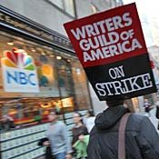 Striking writers in front of NBC studios in NYC 
