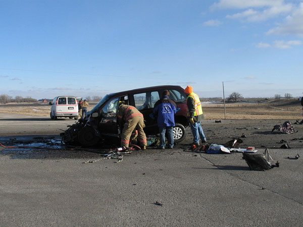 Four students were killed after this van crashed into a bus near Cottonwood, Minn., in February 2008. Olga Franco is accused of driving the van in the fatal crash.