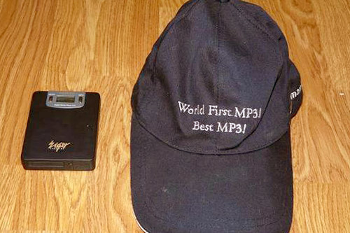 
                    This hat was sent to Weekend America guest Eliot Van Buskirk along with the original MPMan MP3 player next to it.
                                            (Courtesy Eliot Van Buskirk)
                                        