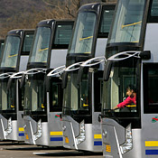 A row of double-decker busses in China 