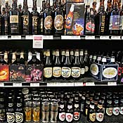 Beers on a liquor store shelf 