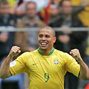 Brazilian forward Ronaldo celebrates goal 