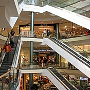 A view of the different levels of the shopping mall built inside a replica of a palace that was bombed in Braunschweig, Germany, in a World War II firebombing raid. The remants were demolished in 1960 and rebuilt in 2007 as the facade to the mall.
