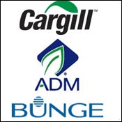 Logos for Cargill, Archer Daniels Midland, Bunge 