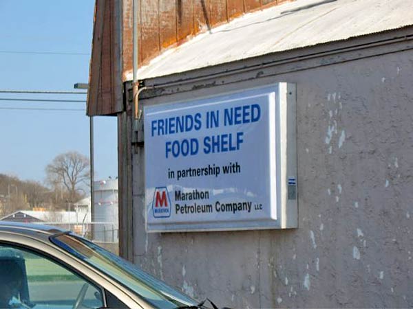 
                Friends in Need Food Shelf sign in St. Paul Park, Minn.
                                    (Sean Cole / Marketplace)
                                