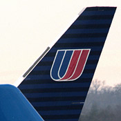 The tail of a United aircraft 