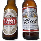 Bottles of Stella Artois and Budweiser. 