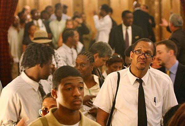 
                People wait in line to enter the Diversity Job Fair at New York City's Affinia Hotel in June 2008.
                                    (Mario Tama/Getty Images)
                                