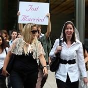 Brides protest at a London HSBC 