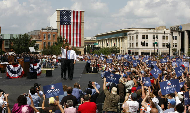 Presumptive Democratic Presidential candidate U.S. Sen. Barack Obama (D-IL) introduces his Vice Presidential pick Sen. Joe Biden (D-DE) at the Old State Capitol August 23, 2008 in Springfield, Illinois. Obama announced Biden as his Vice Presidential running mate with a text message in the early morning on August 23, 2008. Biden is the chairman of the Senate Foreign Relations Committee and is familiar with foreign leaders and diplomats from around the world.