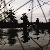 Salmon fishermen casting hooks 