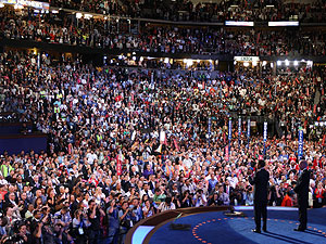 The crowd cheers Barack Obama and Joe Biden