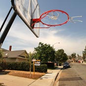 Basketball hoop near foreclosed home. 