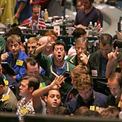Traders work in the NYMEX energy options pit 