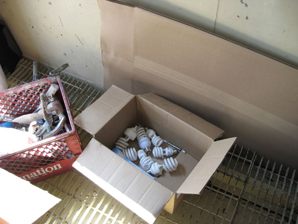 
                Box of CFLs at the recycling collection center.  By the end of the weekend, they'll fill up several boxes.
                                    (Joellen Easton)
                                