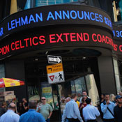 Ticker sign announcing Lehman losses 