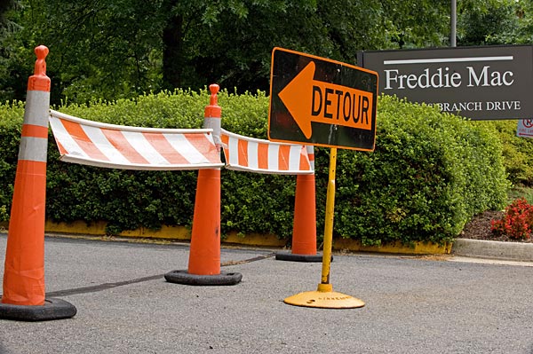 
                A Detour sign is posted at the main entrance to the Freddie Mac headquarters in McLean, Va.
                                    (Paul J. Richards/AFP/Getty Images)
                                