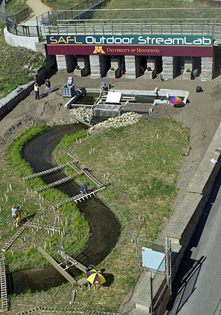 The Outdoor Stream Lab runs through an old spillway built next to St. Anthony Falls in the 1870s. The structure was abandoned as a flood control structure when locks were built on the other side of the river in the 1960s.