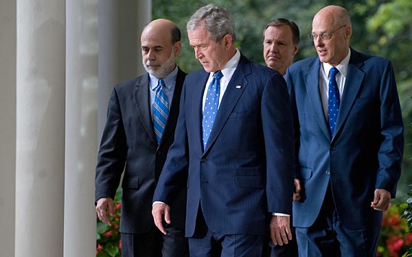 
                President Bush walks with, from left, Federal Reserve Chairman Ben Bernanke, Securities and Exchange Commission Chairman Christopher Cox, and Treasury Secretary Henry Paulson at the White House prior to Bush's statement on the economy today.
                                    (SAUL LOEB/AFP/Getty Images)
                                