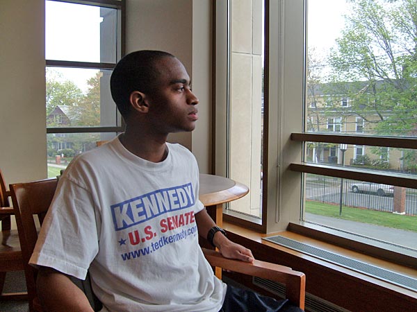 
                Courtney Houston was president of the Tufts Democrats at Tufts University until he graduated this past spring. He's done a lot of work for Senator Edward Kennedy.
                                    (Sean Cole / Marketplace)
                                