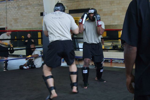 
                    Two soldiers spar in Army Combatives style.
                                            (Philip L. Graitcer)
                                        