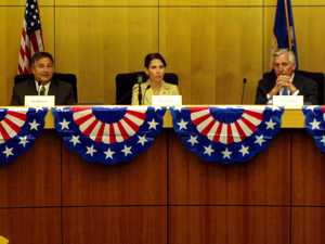 6th District candidates Bob Anderson (L), I, Rep. Michele Bachmann (C), R-6th, and Elwyn Tinklenberg (R), D, at their first debate in Stillwater, Minn.